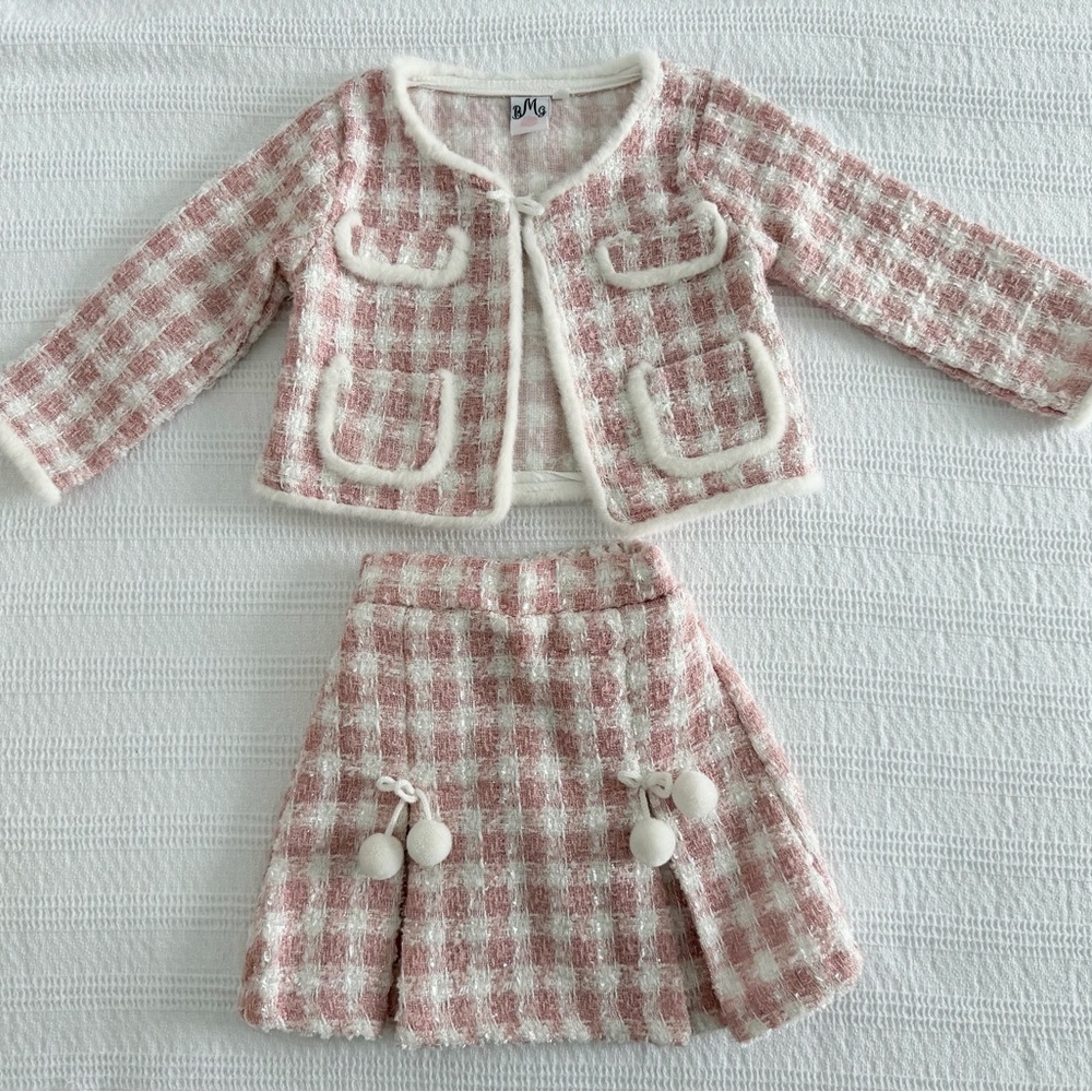 Pink and White Tweed Jacket and Skirt Set - Mia Belle Girls - NEVER WORN! 2T/3T